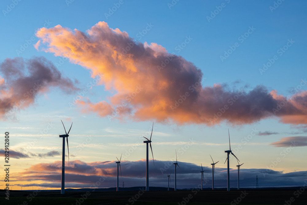 Obraz premium Windmills power plant at sunset