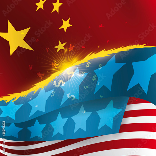 Clashing U.S.A and China Flags with Sparks due Trade War, Vector Illustration