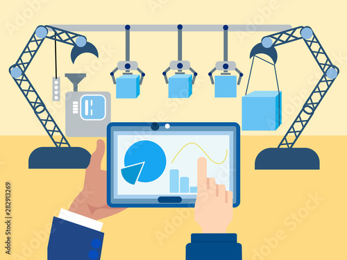 Mechanical warehouse management, robotization. In minimalist style Cartoon flat vector