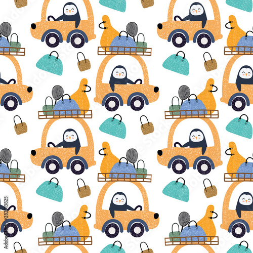 Cute animals driving a car with bags seamless pattern background. Design for fabric, wrapping, textile, wallpaper, apparel.