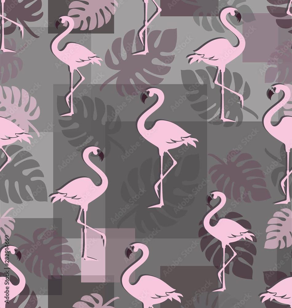 Fototapeta premium Pink flamingos with tropical leaves. Seamless pattern. Romantic background with tropical birds. Trendy pink birds among tropical foliage and geometric shapes.