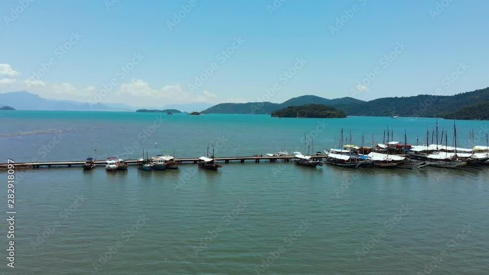 Boats, yachts, Gulf Ilha Grande, Atlantic ocean (Paraty, Brazil) aerial view, drone footage Boats, yachts, Gulf Ilha Grande, Atlantic ocean (Paraty, Brazil) aerial view, drone footage