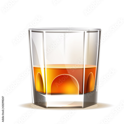 Realistic scotch wiskey glass. Vector 3d spirit drink for bar, pub design. Golden alcohol beverage, glass of brandy, cube rum. Strong drink for party design.