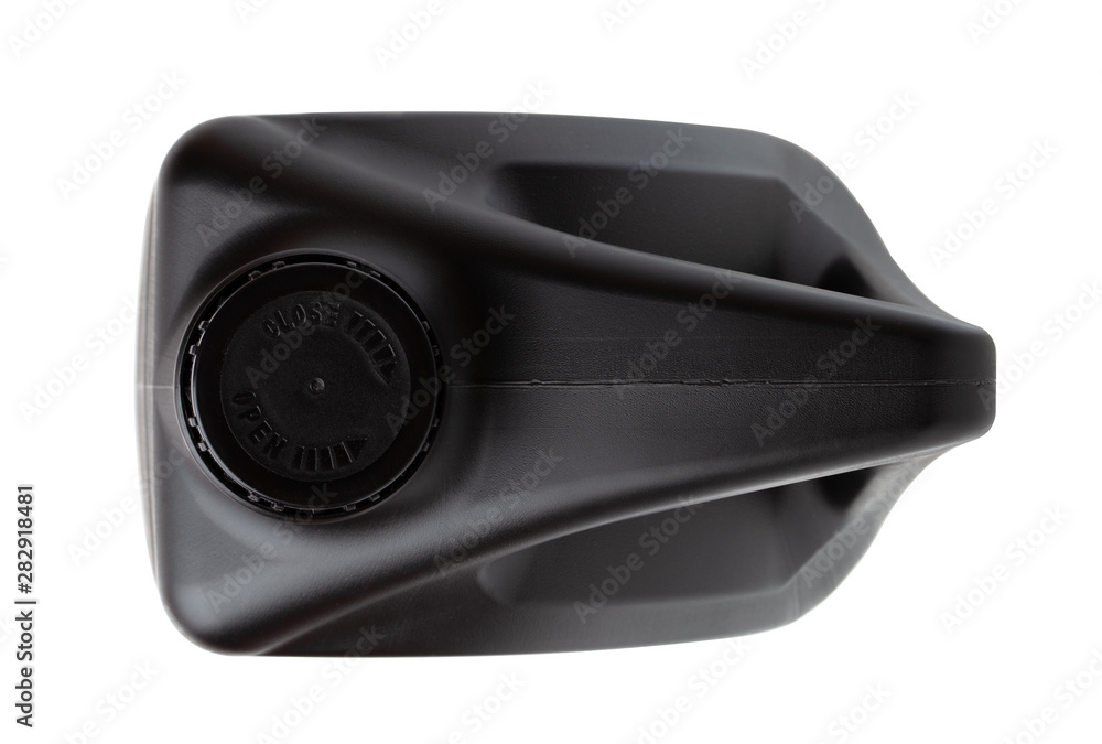 Canister for technical liquids on a white background. Black Canister for automotive oil close-up. Canister for technical liquids on a white background. Black Canister for automotive oil close-up.