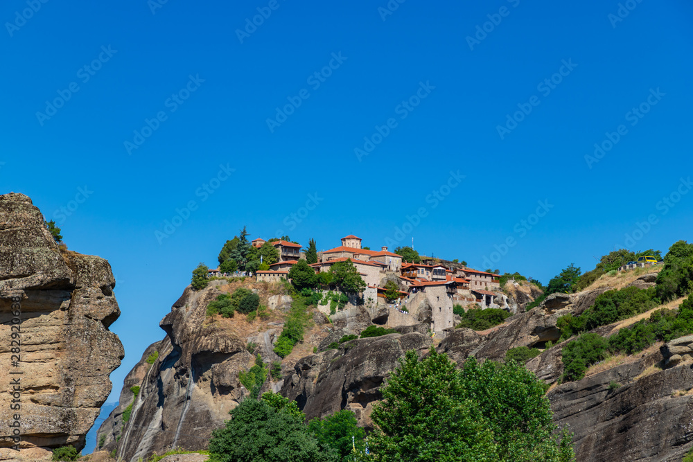 Beautiful view of the monastery Megala Meteora and its surrounding mountains in the region of Meteora, Greece