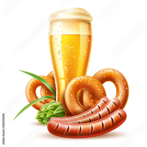 Realistic lager beer glass with golden bubbles, pretzel, sausage and green hop oktoberfest festival advertising poster design. Traditional german beer holiday in october. Pub, restauran and bar design