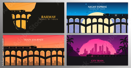 Set of Travel by Train banners. Railway bridge with outdoor landscape. Travel Concept.