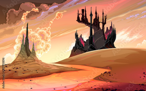 Black castle in the sunset
