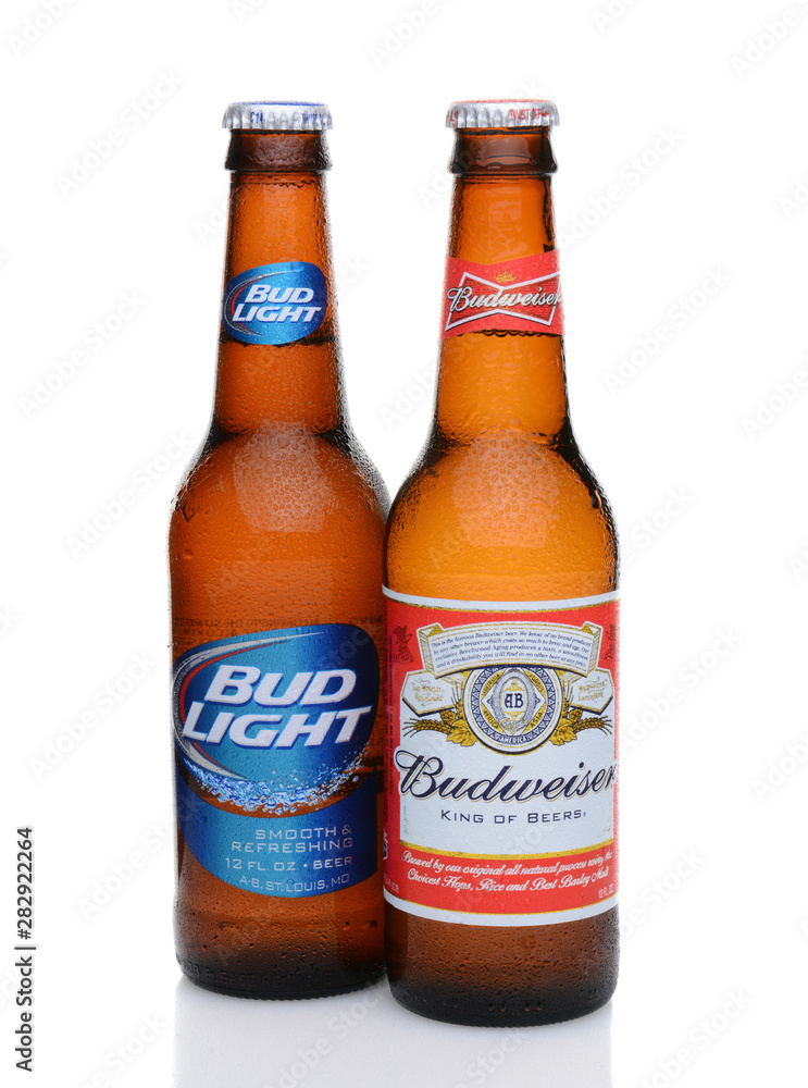 IRVINE, CA - MAY 27, 2014: A bottle of Budweiser and Bud Light with  condensation. From Anheuser-Busch InBev, Budweiser and Bud Light are top  selling domestic beers in the United States. Stock