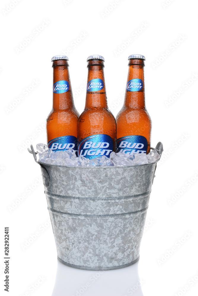 IRVINE, CA - MAY 27, 2014: Bud Light bottles in a bucket of ice. From Anheuser-Busch InBev, Bud Light is top selling domestic beer in the United States. Stock Photo | Adobe Stock