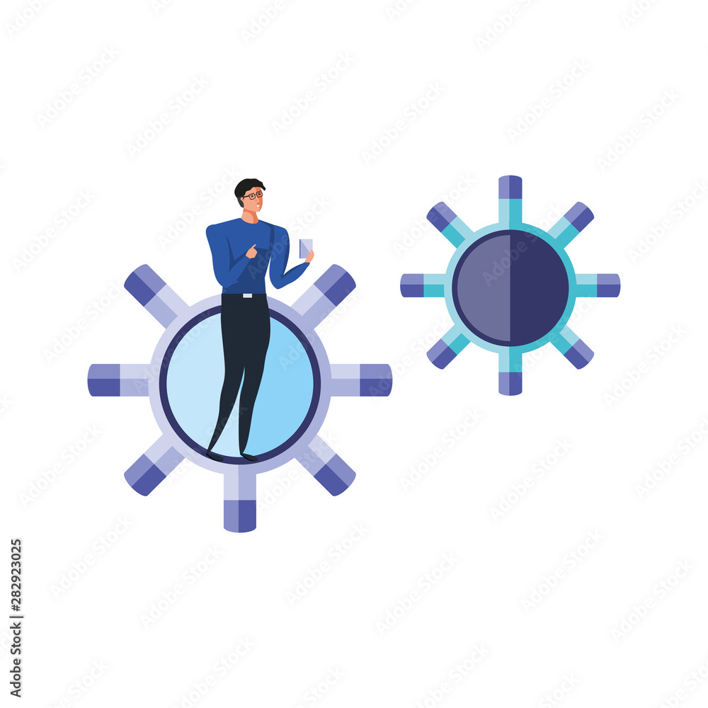 business man using smartphone and gears pinions business man using smartphone and gears pinions