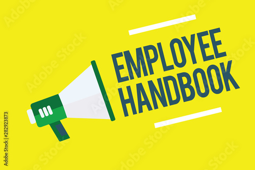 Writing note showing Employee Handbook. Business photo showcasing Document that contains an operating procedures of company Megaphone yellow background important message speaking loud photo