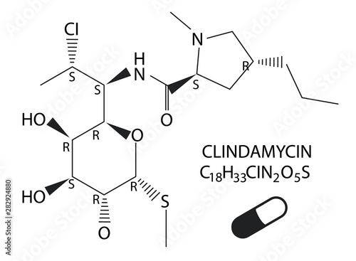 Vector illustration of chemical structural formular of Clindamycin, an antibiotic used for treatment of bacterial infections like joint infections or acne