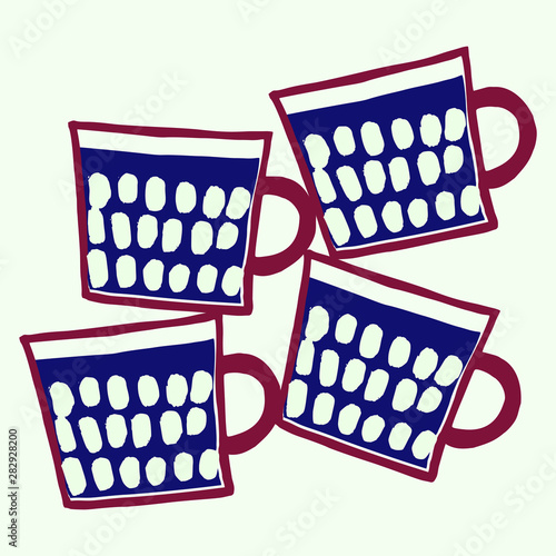 Hand painted design with mugs in blue and maroon on vanilla background.