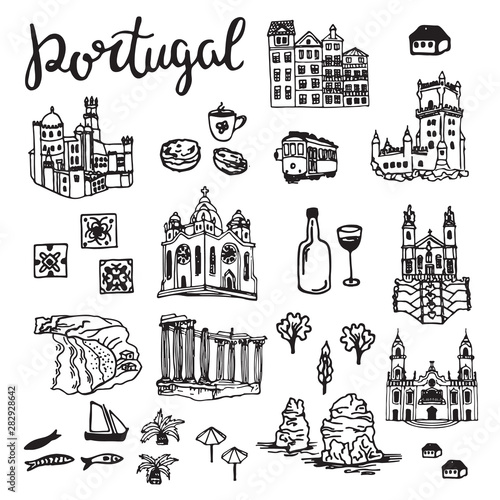 Drawing cities, buildings, landmarks of Portugal isolated on the white background. Sketch collection of Portuguese national cultural objects, places and food. photo