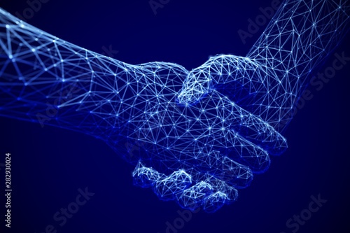 Information technology in business, digital deal or online commerce: digital handshake. Artificial intelligence or global communication. Abstract technology background. EPS 10, vector illustration.