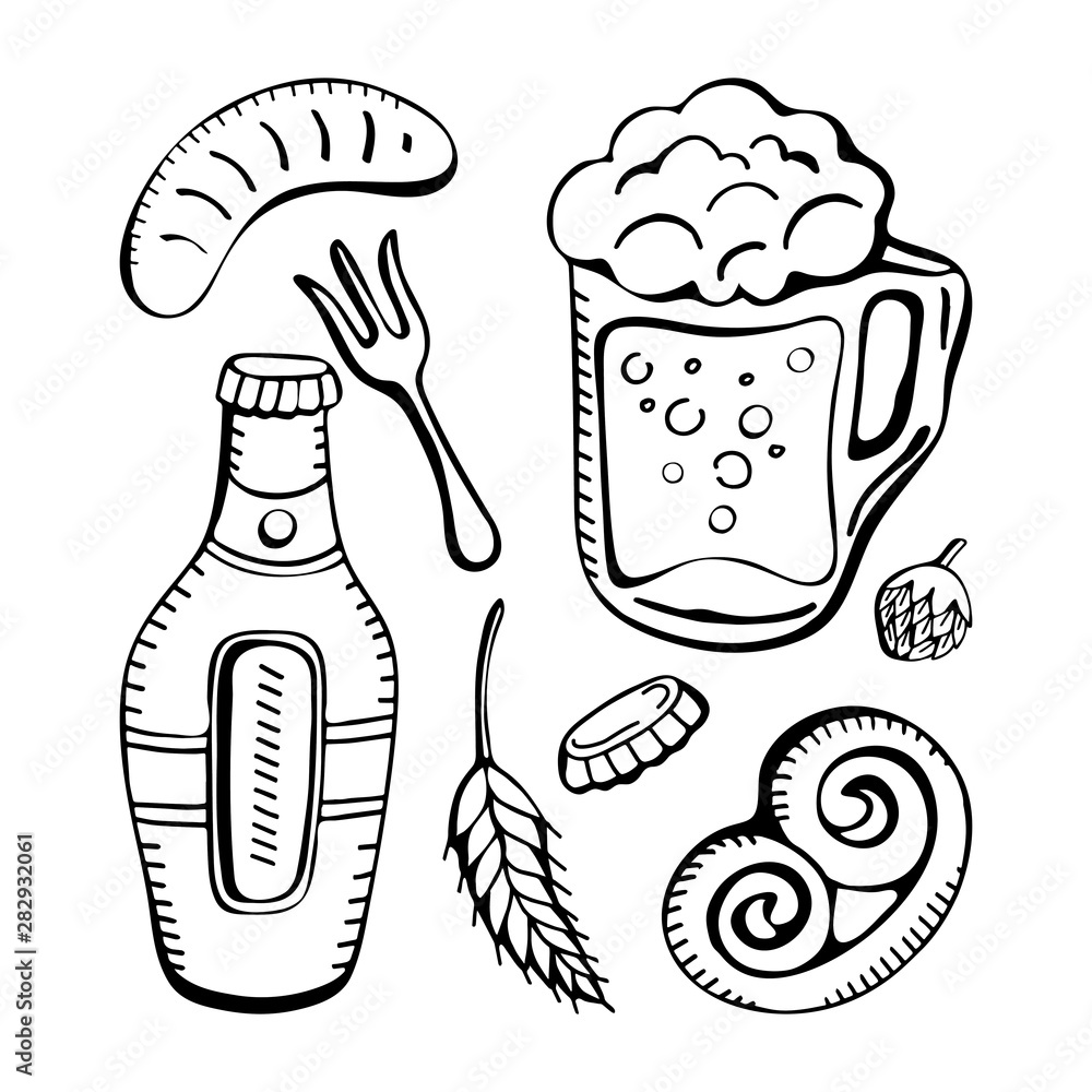 Large vector set line art hand drawn Doodle cartoon set Oktoberfest ...