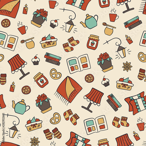 Hygge. Symbols of a cozy house. Scandinavian traditions. Seamless pattern in doodle and cartoon style. Vector illustration