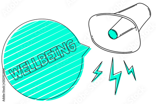 Handwriting text Wellbeing. Concept meaning A good or satisfactory condition of existence including health Megaphone loudspeaker green speech bubble stripes important loud message