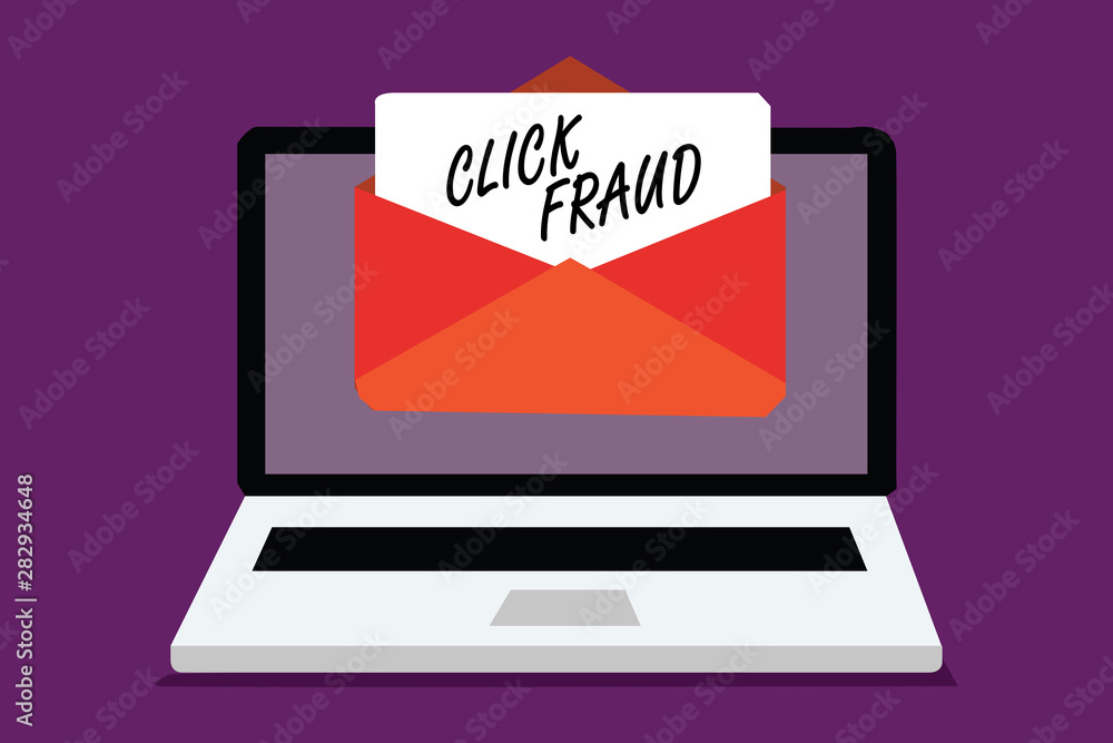 Conceptual hand writing showing Click Fraud. Business photo text practice of repeatedly clicking on advertisement hosted website Computer receiving email important message envelope paper virtual Conceptual hand writing showing Click Fraud. Business photo text practice of repeatedly clicking on advertisement hosted website Computer receiving email important message envelope paper virtual