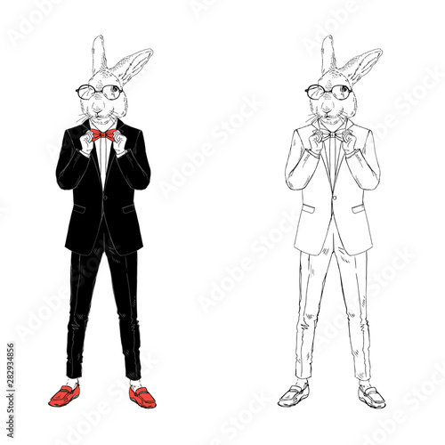 Rabbit gentleman dressed up in tuxedo. Anthropomorphic Animal zodiac sign character. Chinese New Year