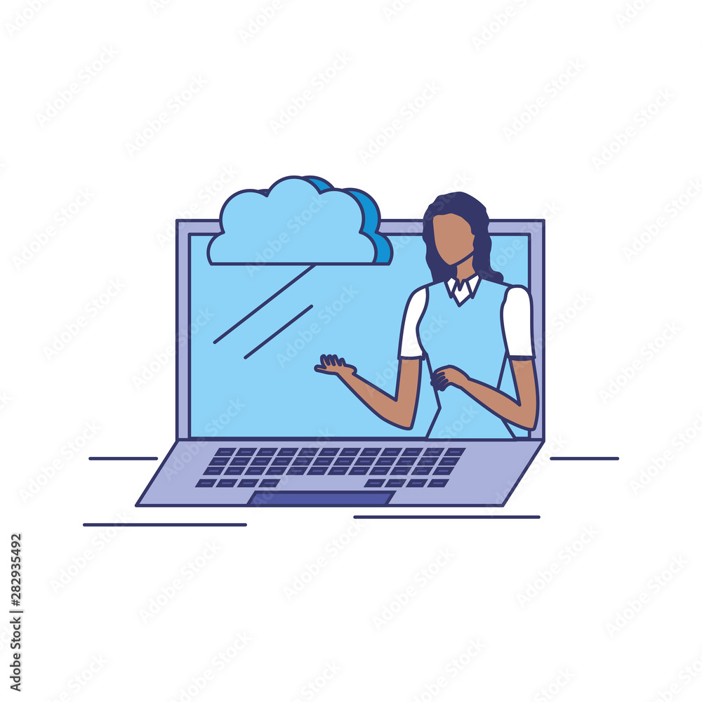 business woman with laptop and cloud computer