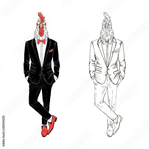 Rooster gentleman dressed up in tuxedo. Anthropomorphic Animal zodiac sign character. Chinese New Year