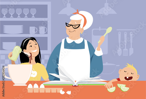 An elderly woman teaches her grandchildren to bake, EPS 8 vector illustration