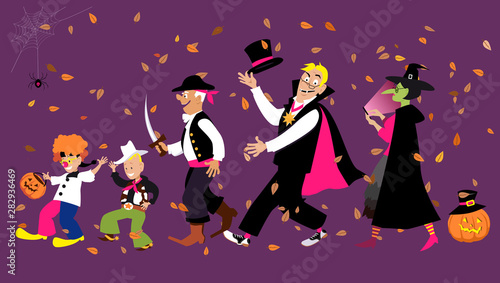Family dressed up in Halloween costumes going trick or treating, EPS 8 vector illustration