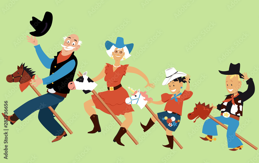 Grandparents and kids in cowboy and cowgirl outfits riding stick ponies, EPS 8 vector illustration