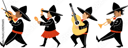 Cute kids in mariachi outfits playing traditional instruments, EPS 8 vector illustration photo