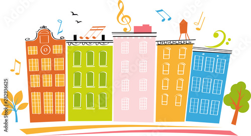 Banner for a block or neighborhood party with multi colored houses, EPS 8 vector illustration	