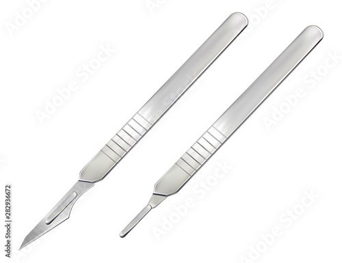 Delicate pointed scalpel with removable blade. Manual surgical instrument. Realistic object on a white background. Vector