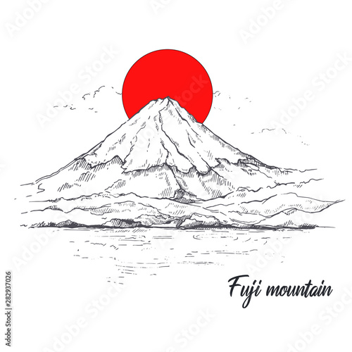 Illustration Mount Fuji and red sun .Sketch. Japan drawing.Hand drawn and ink painting of Asia. 