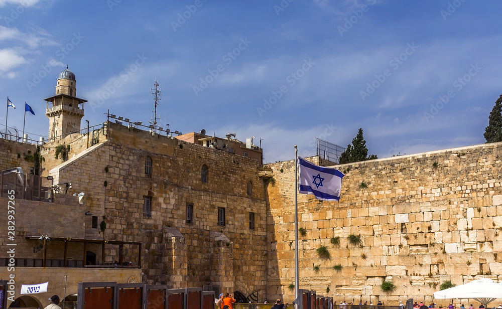 Israel flag on wailing wall background Israel Jerusalem