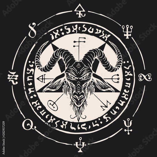 Photo head of a horned goat and pentagram