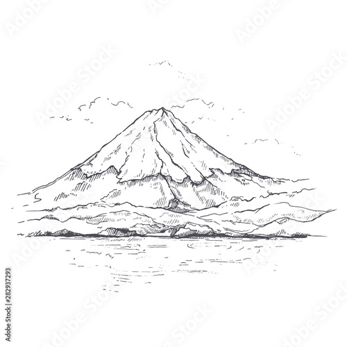 Illustration Mount Fuji.Sketch. Japan drawing.Hand drawn and ink painting of Asia.