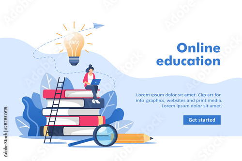 Person gains knowledge for success and better ideas. Online education or business training. Vector illustration for mobile and web graphics.
