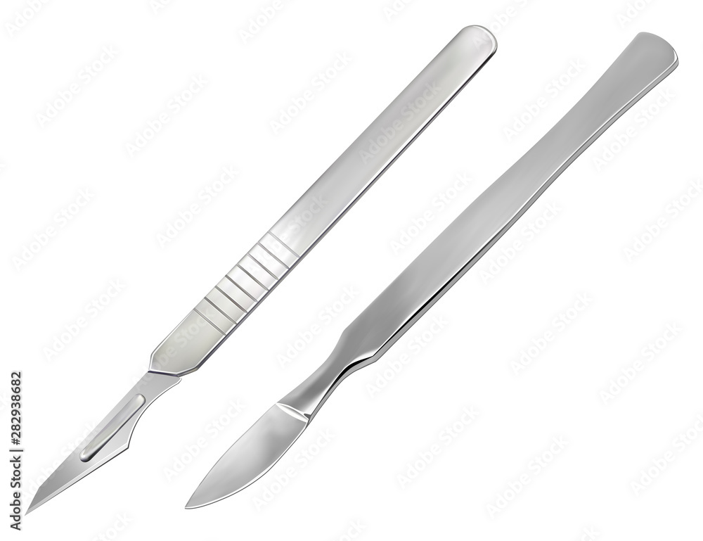 Reusable all-metal scalpel and delicate pointed scalpel with removable blade. Manual surgical instrument. Realistic objects on a white background. Vector Reusable all-metal scalpel and delicate pointed scalpel with removable blade. Manual surgical instrument. Realistic objects on a white background. Vector