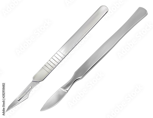 Reusable all-metal scalpel and delicate pointed scalpel with removable blade. Manual surgical instrument. Realistic objects on a white background. Vector