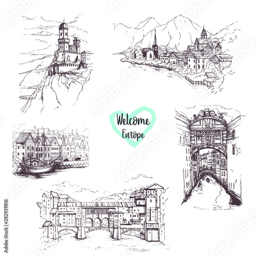 Sketch Attractions of the world. Freehand drawing. Vector illustration.Drawing Europe travel set. Prague.Venice.Italy.Copenhagen.Tourism