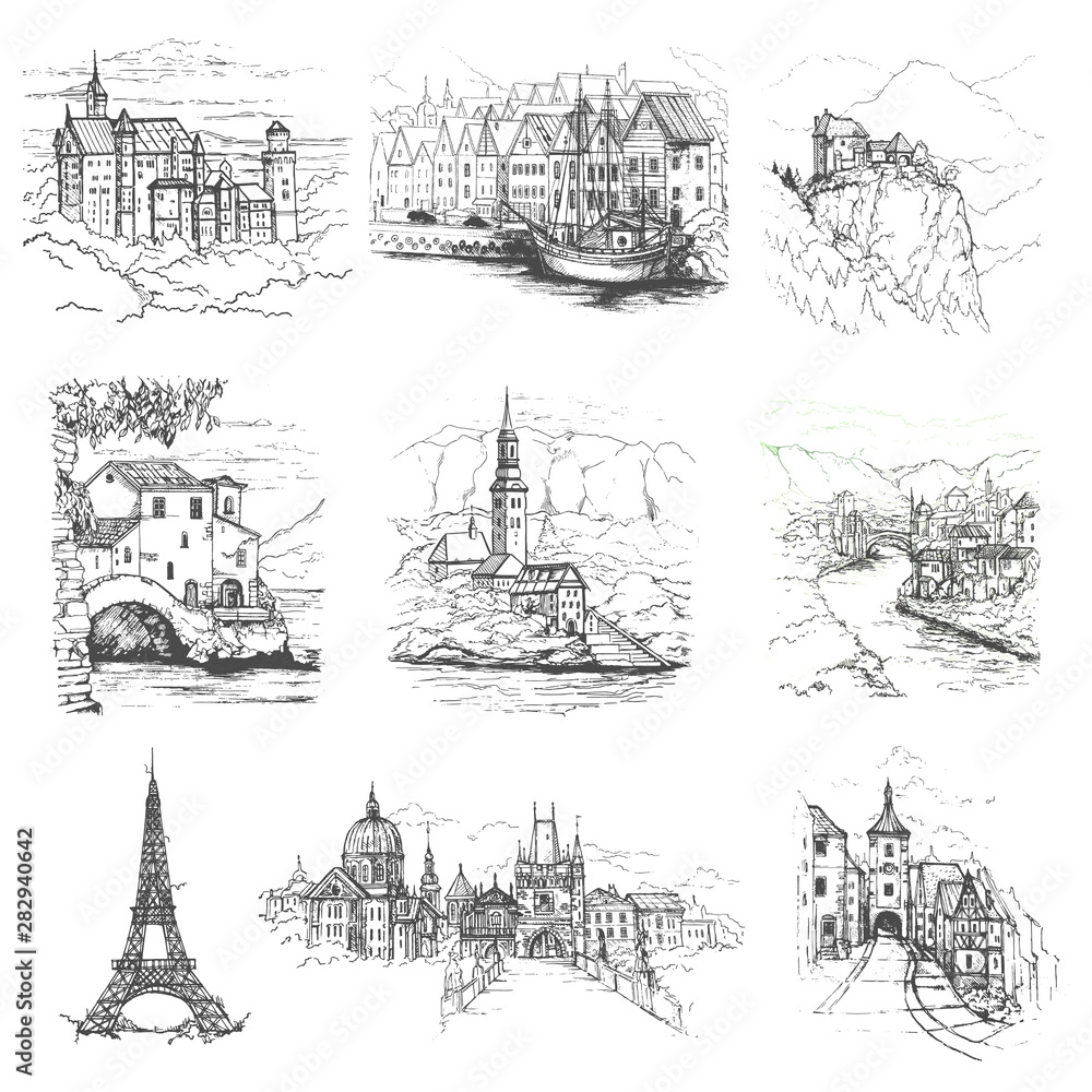 Attractions of the world. Freehand drawing. Vector illustration.Drawing Europe travel set. Prague.Venice.Italy.Copenhagen.Tourism
