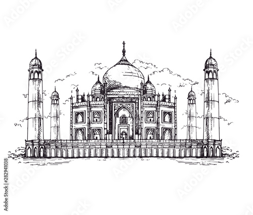  Taj Mahal an ancient Palace in India. landmark or architecture, hindu Temple. Traditional mausoleum-mosque. engraved hand drawn in old sketch.