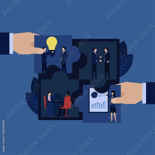 Business hand set up puzzle elements of business process idea, handshake, consulting and presentation.