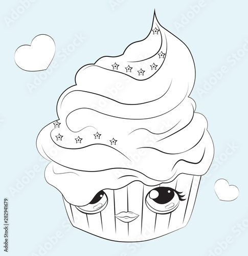 Coloring book cupcake with funy face