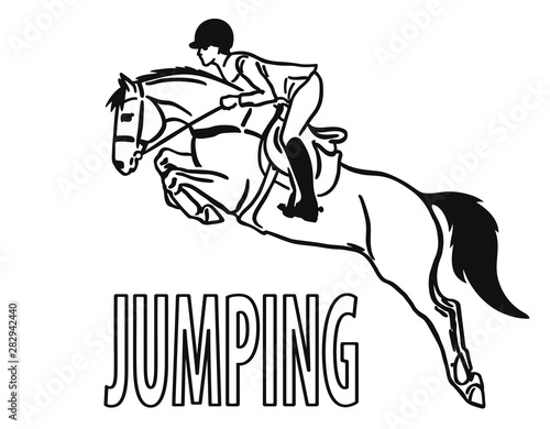 Young rider and a horse are jumping over an obstacle, are in mid-air