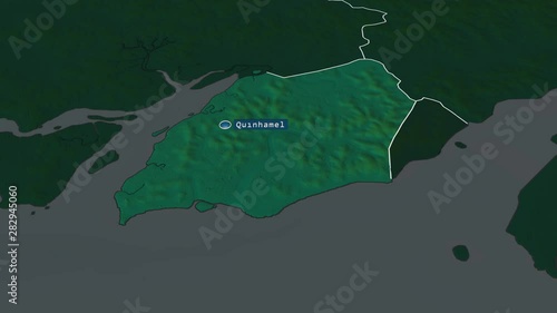 Biombo - region of Guinea Bissau with its capital zoomed on the physical map of the globe. Animation 3D photo