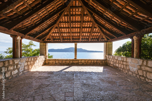 The way to the pavilion with sea view at the botanical garden Arboretum in Trsteno  Croatia. Game of Thrones film location