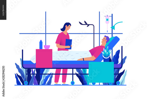 Hospitalization -medical insurance template -modern flat vector concept digital illustration - a hospital patient in the private ward and a doctor on ward round