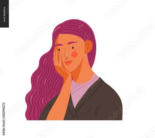 Real people portrait - hand drawn flat style vector design concept illustration of a young purple-haired woman, face and shoulders avatar. Flat style vector icon